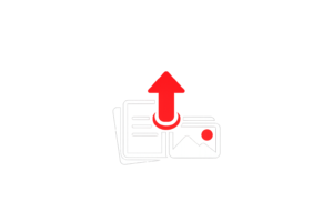White stack of photo thumbnails with a glowing red upload arrow above, set against a dark background.