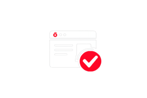 Web browser window with a large red checkmark badge overlapping the page, signaling a successful action.