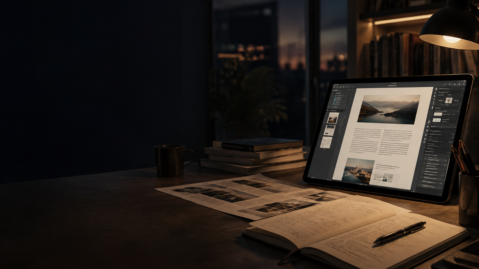 Tablet in landscape mode on a dark desk showing a magazine-like layout, with papers, notebook, and pen nearby under a warm desk lamp.